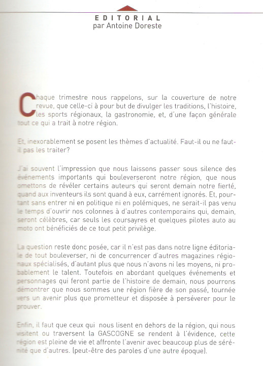 Editiorial revue Gascogne n° 86 avril-mai-juin 2005